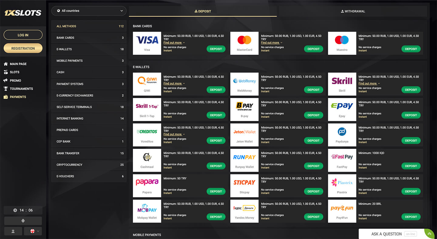1xslots payment and withdrawal methods